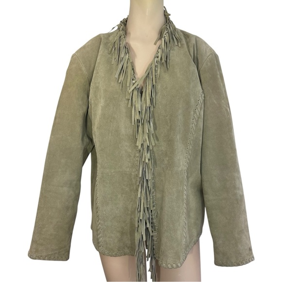 Chicos Design Fringe Suede Leather Jacket Womens 16 Chicos 3 Dallas Green Large - Picture 1 of 9